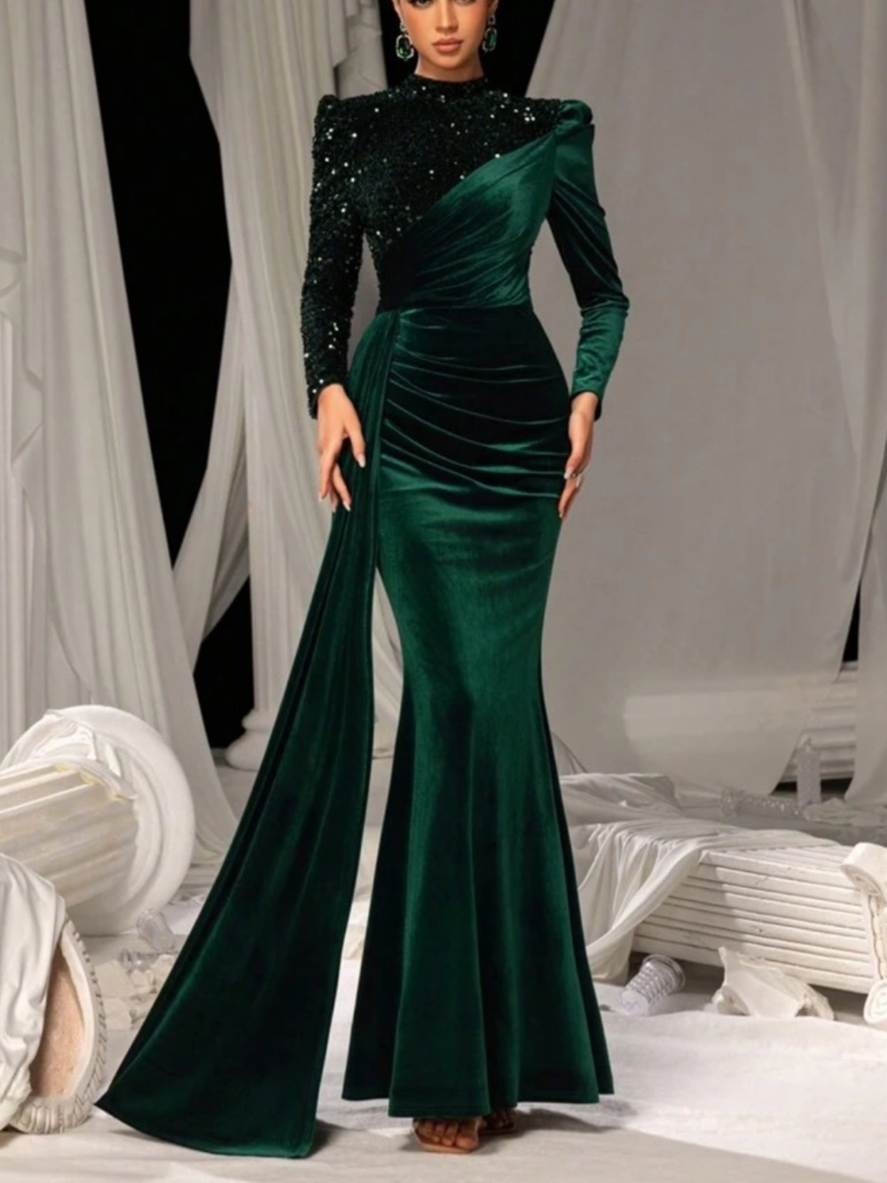 Emerald Green Velvet One Shoulder Sequin Gown Formal Evening Maxi Dress